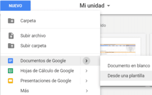 Opciones para crear documentos desde Google Drive