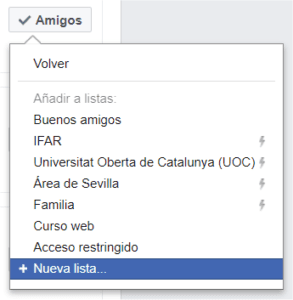 Opción para crear una Nueva lista en Facebook