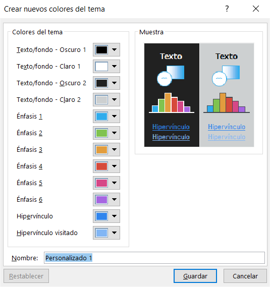 Crear nueva combinación de colores para un tema de diseño en PowerPoint