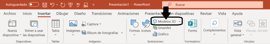 Acceso al icono Modelos 3D en la cinta Insertar de PowerPoint
