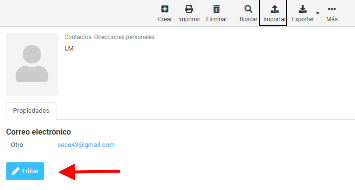 Botón para Editar contacto en correo webmail