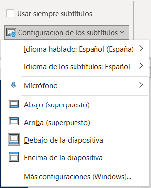 Opciones de configuración de subtítulos en PowerPoint