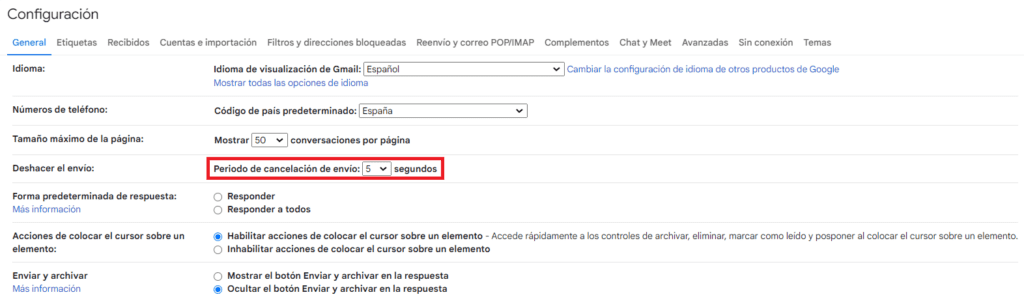 Configuración del tiempo para anular el envío de un email